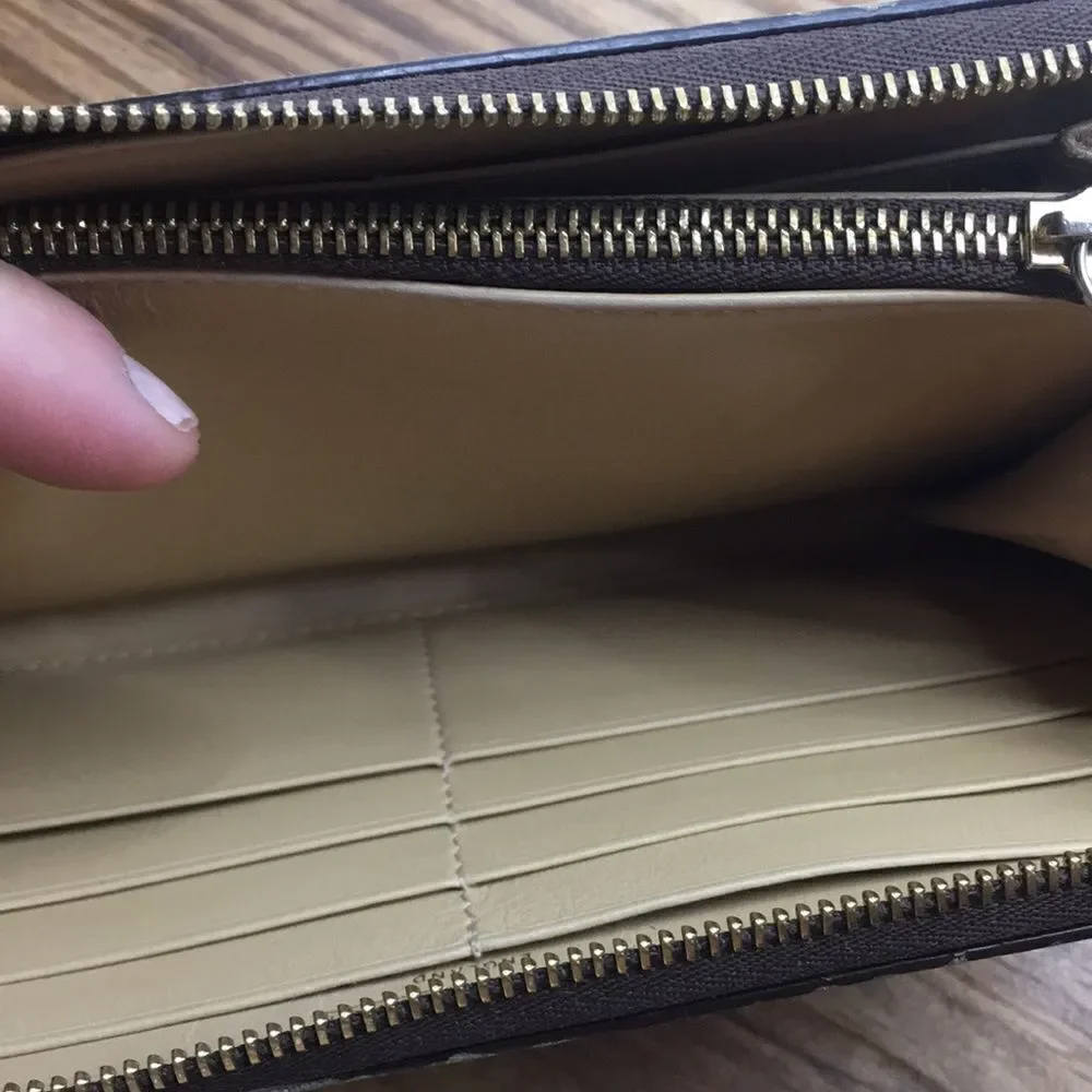 J & M Davidson Tan Leather Croc Embossed zip around zippy long wallet